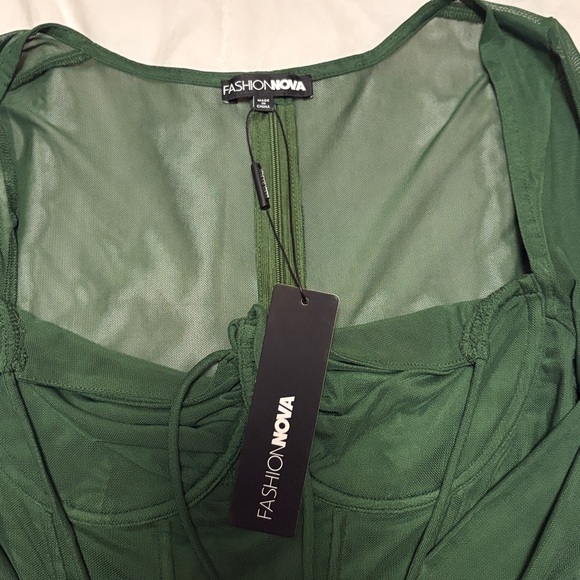 Fashion Nova Dark Green Melanie Mesh Corset Top with Detachable Sheer Sleeves S - Picture 7 of 10